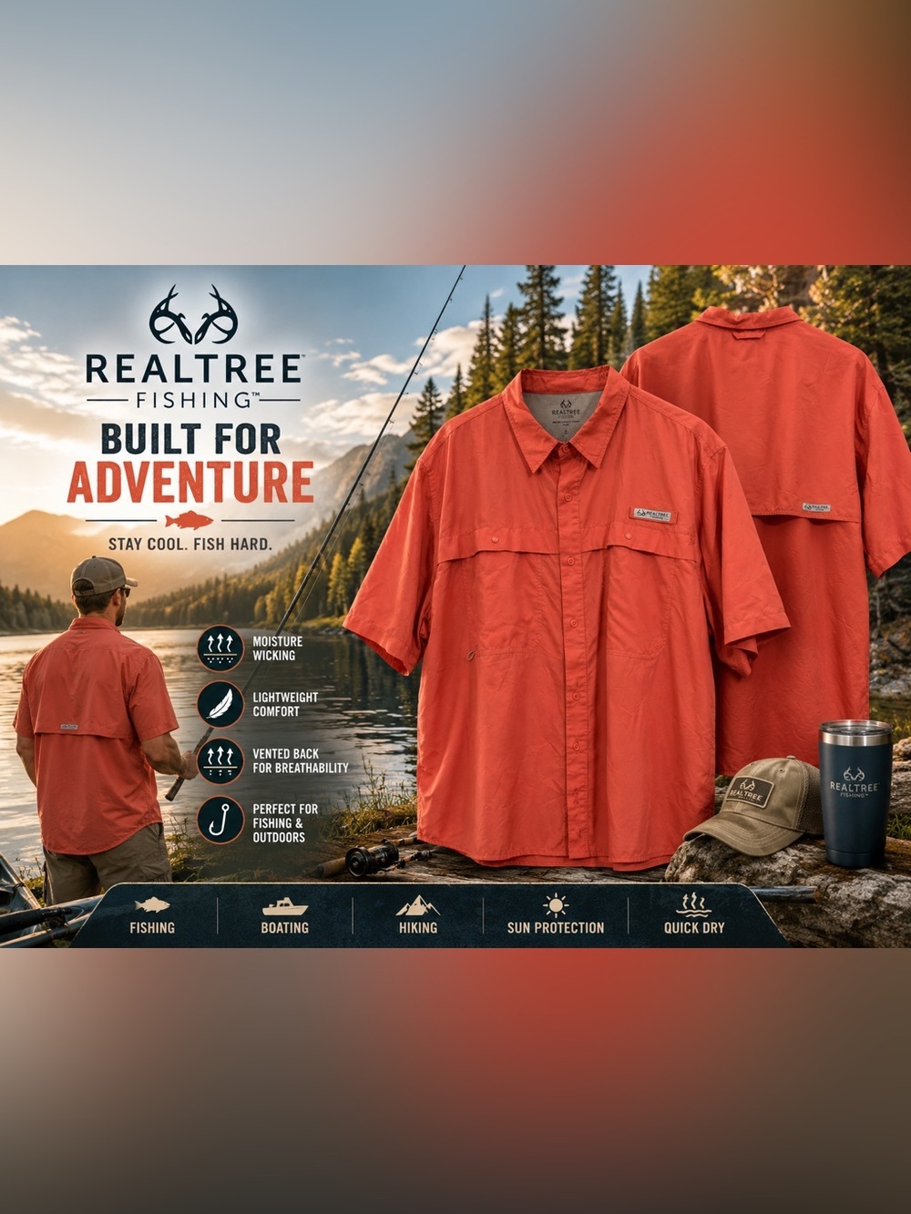 Realtree Fishing Men's Coral Short Sleeve Performance Button Front Shirt 2XL